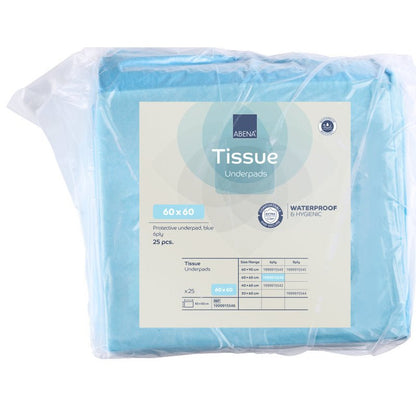 En förpackning med 25 ABENA Tissue engångsunderlägg, 6-lagers, 60x60 cm, blå från Abena Re-Seller GmbH. De vattentäta och hygieniska inläggen levereras i en genomskinlig förpackning där alla produktdata och specifikationer anges på etiketten.