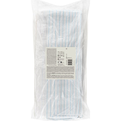 Eine klare Kunststoffverpackung enthält 25 weiße Abena Re-Seller GmbH Schutzlaken, PE mit Laminierung, 48 Fäden, 80x170 cm. Auf der Vorderseite ist ein rechteckiges Etikett mit Text und Symbolen aufgeklebt, das auf den medizinischen Schutz hinweist.