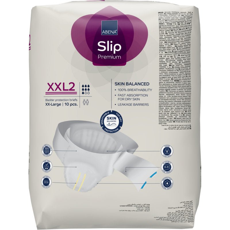 Ett 10-pack ABENA Slip Premium Blåsskyddsslips från Abena Re-Seller GmbH, storlek XXL2, erbjuder hudbalans och läckageskydd - idealiskt för pålitlig inkontinensvård.
