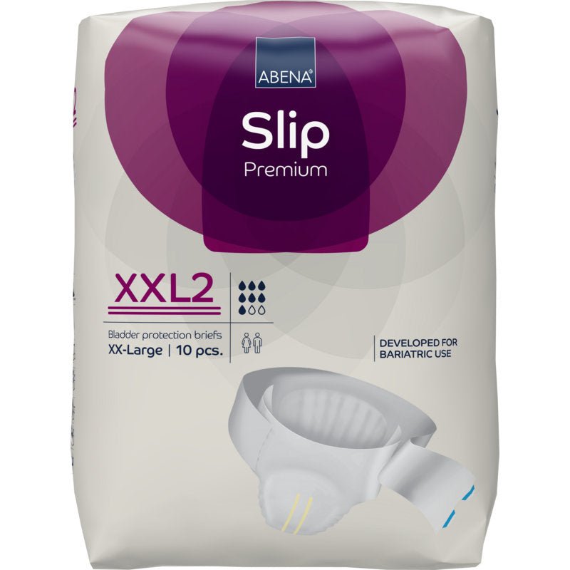 Ett 10-pack ABENA Slip Premium från Abena Re-Seller GmbH, storlek XXL2, för överdimensionerade eller bariatriska behov; förpackningen visar bilden av slipen och framhäver dess lämplighet för stora storlekar.