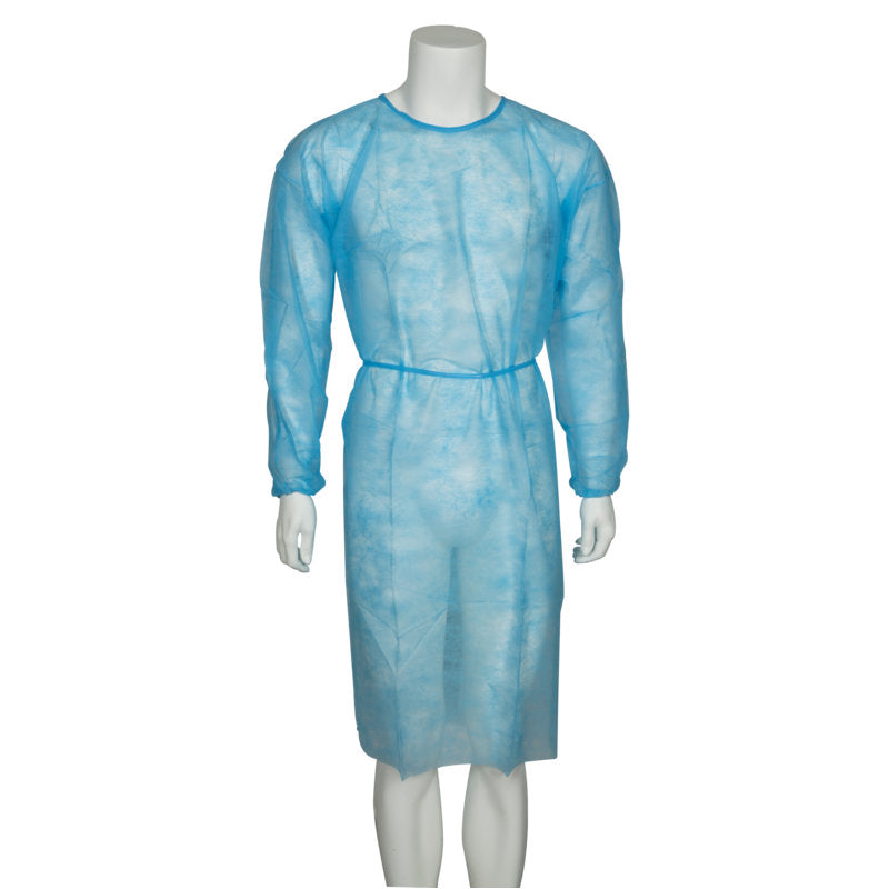 Eine Schaufensterpuppe trägt einen Abena Re-Seller GmbH Besucherkittel, Nonwoven/PP, Blau - langärmelig mit Taillenbinde - vor einem schlichten weißen Hintergrund, ideal für den Einsatz in medizinischen Einrichtungen.