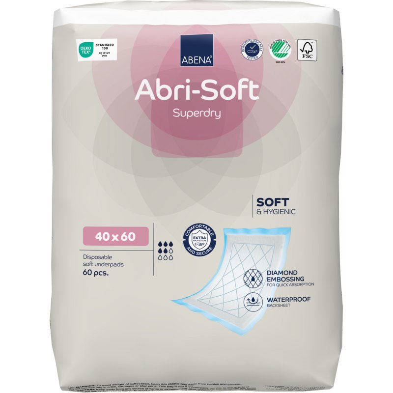 Ett paket med 60 Abena Re-Seller GmbH engångsunderlägg, Abri-Soft Superdry, Blå (40 x 60 cm). Perfekt för vårdinrättningar, kännetecknas de av mjukhet, hygien, diamantprägling och en vattentät undersida.