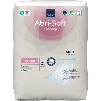 Ett paket med 60 Abena Re-Seller GmbH engångsunderlägg, Abri-Soft Superdry, Blå (40 x 60 cm). Perfekt för vårdinrättningar, kännetecknas de av mjukhet, hygien, diamantprägling och en vattentät undersida.