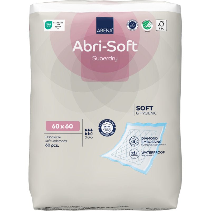 Ett 60-pack Abena Re-Seller GmbH engångsunderlägg, Abri-Soft Superdry, Blå (60 x 60 cm) erbjuder mjukhet, hygien, ett vattentätt lager och diamantprägling - idealiskt som inkontinensinlägg.