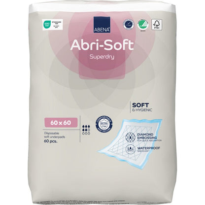 Ett 60-pack Abena Re-Seller GmbH engångsunderlägg, Abri-Soft Superdry, Blå (60 x 60 cm) erbjuder mjukhet, hygien, ett vattentätt lager och diamantprägling - idealiskt som inkontinensinlägg.