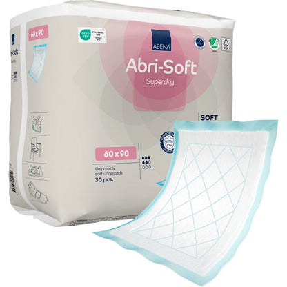 Avbildat är ett paket från Abena Re-Seller GmbH engångsunderlägg, Abri-Soft Superdry, Blå (60x90 cm) med ett enskilt rektangulärt underlägg som har en blå kant framtill; paketet innehåller 30 stycken.