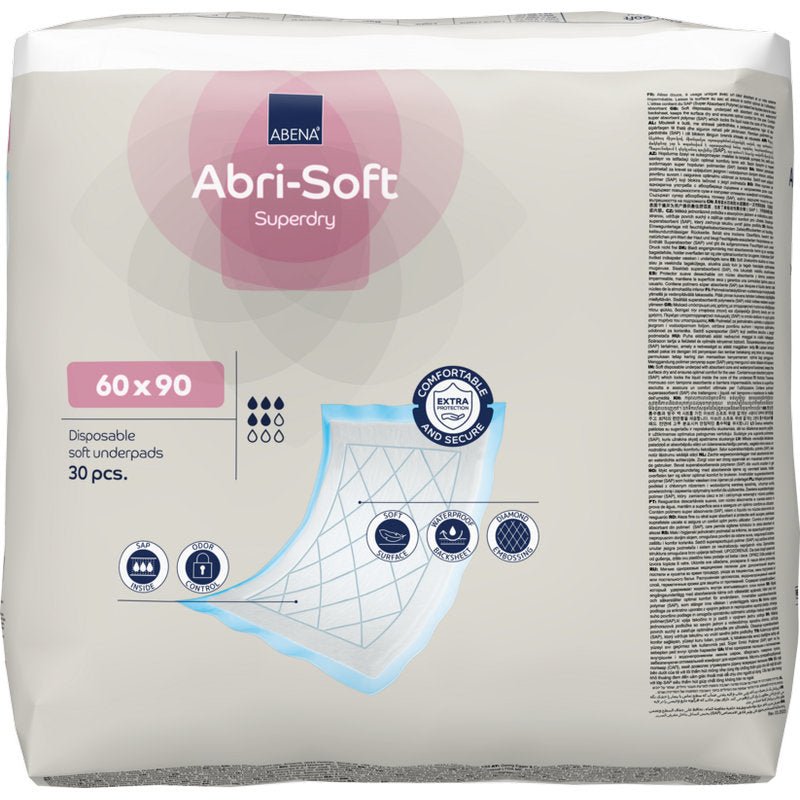 Ett paket med 30 stycken Abena Re-Seller GmbH engångsunderlägg, Abri-Soft Superdry, Blå (60 x 90 cm) innehåller en illustrerad förpackning med produktfunktionerna och ett schema över lagren i underlägget.