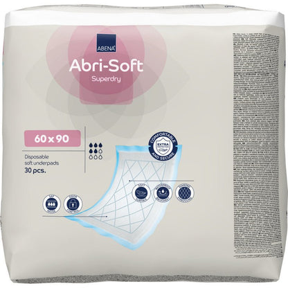Ett paket med 30 stycken Abena Re-Seller GmbH engångsunderlägg, Abri-Soft Superdry, Blå (60 x 90 cm) innehåller en illustrerad förpackning med produktfunktionerna och ett schema över lagren i underlägget.