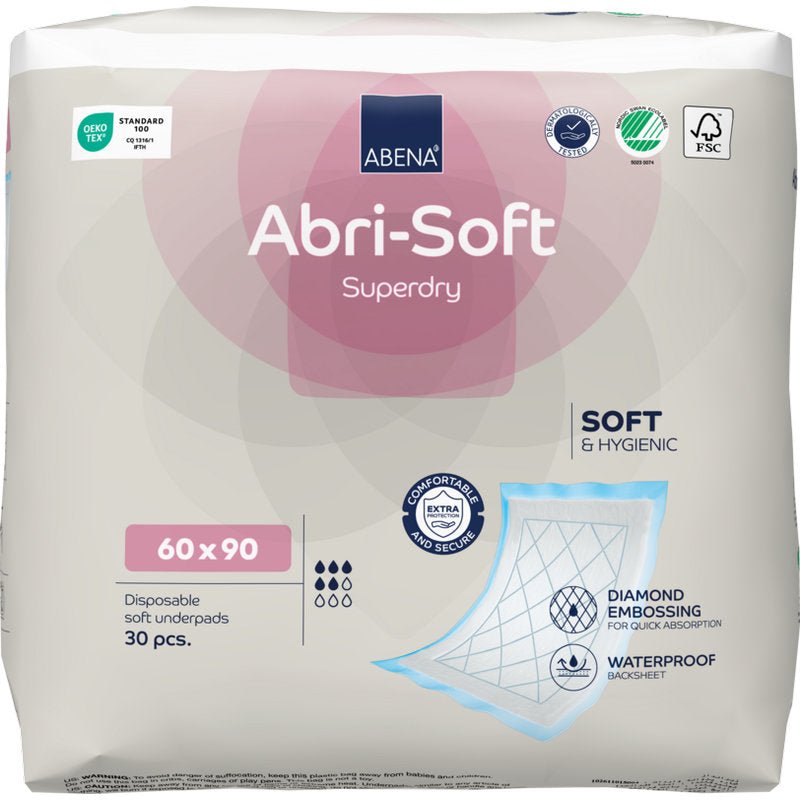 Ett 30-pack Abena Re-Seller GmbH engångsunderlägg, Abri-Soft Superdry, Blå (60 x 90 cm) erbjuder komfort, hygien, diamantprägling och en vattentät baksida för pålitligt skydd.