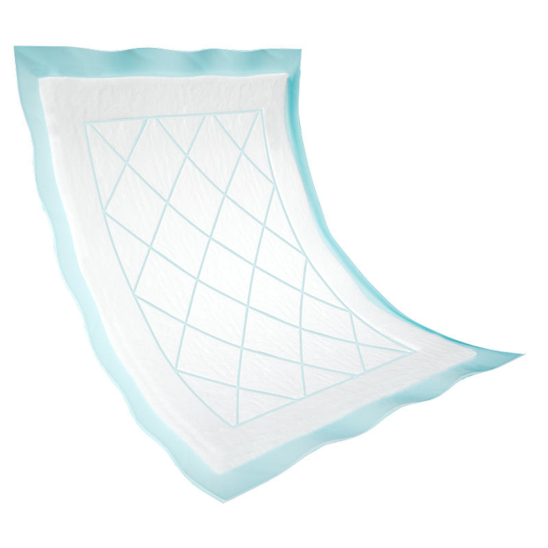 Die Einweg-Unterlage Abri-Soft Superdry Blau der Abena Re-Seller GmbH ist eine rechteckige Einweg-Unterlage mit gesteppter weißer Saugseite und hellblauer wasserdichter Rückseite mit leicht gewellten Kanten.