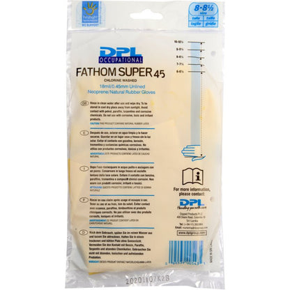 En genomskinlig plastförpackning med texten "hushållshandskar Latex, Gul, Neopren" från Abena Re-Seller GmbH, innehåller gula hushållshandskar. Förpackningen visar produktspecifikationer och instruktioner på flera språk.