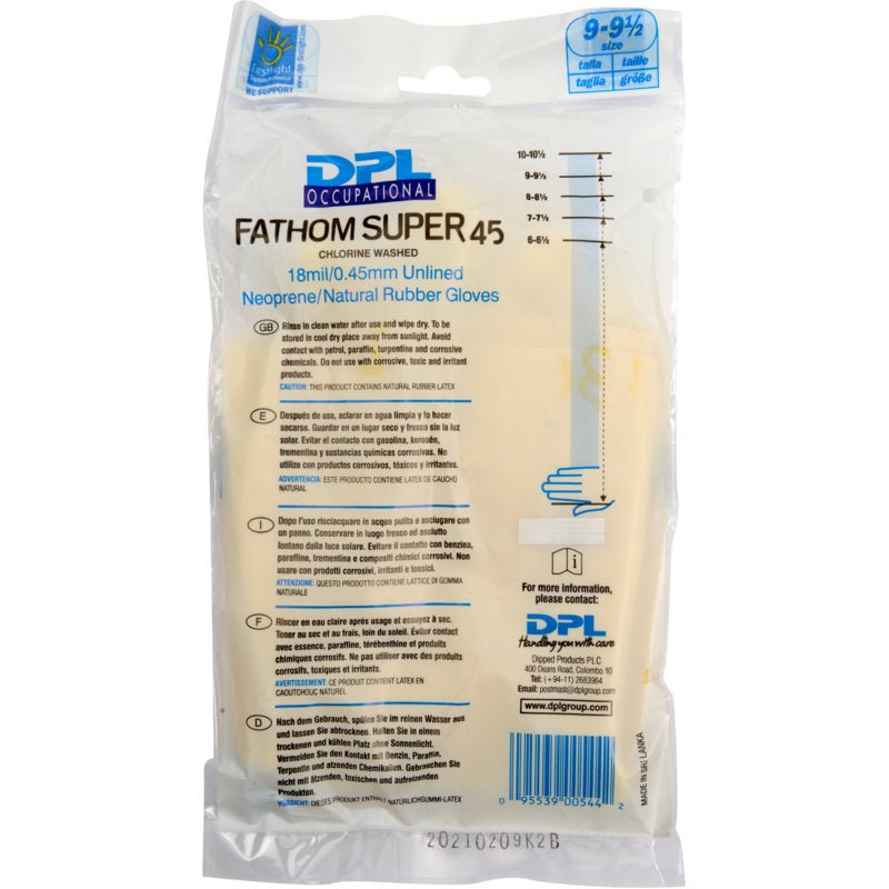 Ett förseglat paket Abena Re-Seller GmbH hushållshandskar Latex, Gul, Neopren, storlek 9-9,5, med produktinformation, bruksanvisning och företagsinformation på framsidan.