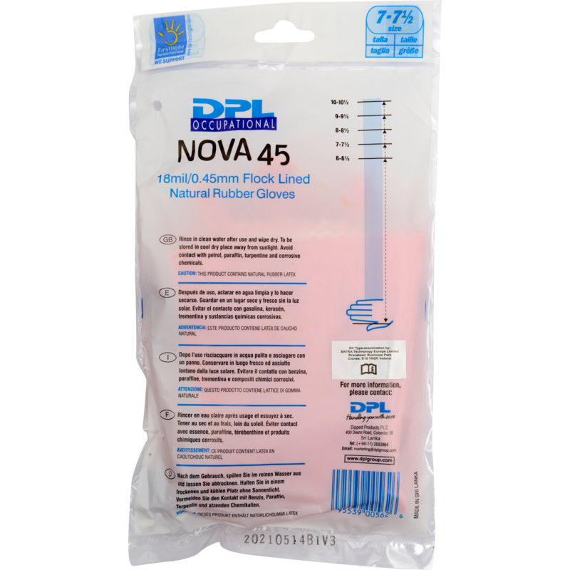 Eine durchsichtige Plastikverpackung mit der Aufschrift "Haushaltshandschuhe Latex, Gelb, Neopren" der Abena Re-Seller GmbH enthält Naturkautschukhandschuhe. Auf der Verpackung sind Größe, Dicke, Eigenschaften, Gebrauchsanweisung und ein Barcode unten rechts angegeben.