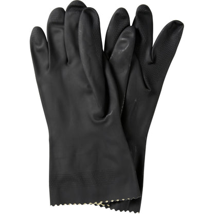 Ein Paar Abena Re-Seller GmbH Haushaltshandschuhe Latex, Schwarz mit strukturierten Fingerspitzen und Handflächen und geschwungenen Stulpen liegt flach auf einem weißen Hintergrund.