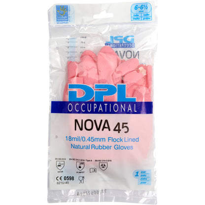 En genomskinlig plastförpackning innehåller rosa hushållshandskar i latex från Abena Re-Seller GmbH, med certifieringssymboler och storleken 6-6½.