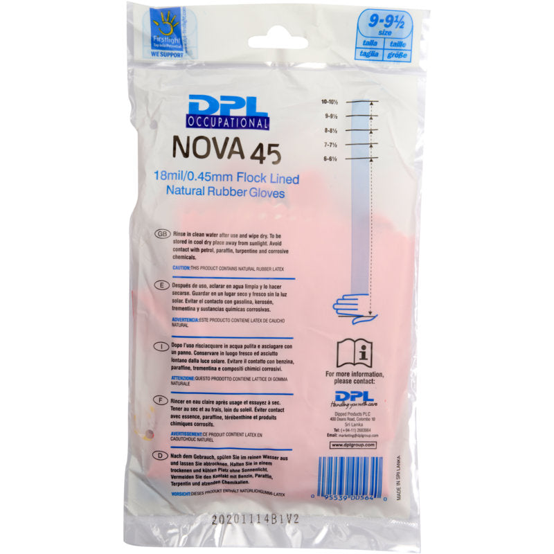 En genomskinlig plastförpackning innehåller Abena Re-Seller GmbH hushållshandskar i latex, rosa. På förpackningen finns storlek, 18mil/0,45mm tjocklek, flockfoder, bruks- och vårdinstruktioner angivna. De rosa handskarna är synliga inuti.