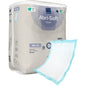 Avbildad är ett 60-pack av Abena Re-Seller GmbH engångsunderlägg Abri-Soft Classic (40x60 cm, blå) med ett underlägg utanför förpackningen med vit sugkärna och blå kant.
