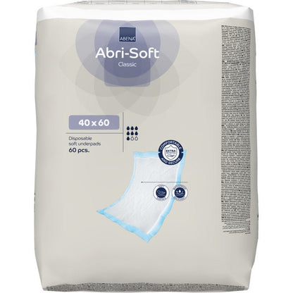 En förpackning engångsunderlägg, Abri-Soft Classic, 40x60 cm, blå (60 stycken) från Abena Re-Seller GmbH. På förpackningen finns produktdetaljer, symboler och en underläggsskiss avbildad.