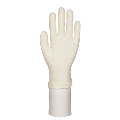 En enda krämfärgad bomullshandske med fingrar från Abena Re-Seller GmbH står upprätt på ett cylindriskt vitt stativ mot en enkel bakgrund. Denna enkla femfingershandske är idealisk för trädgårdsarbete eller arbetsskydd.