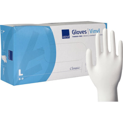 En låda Abena Re-Seller GmbH Vinylhandskar Classic, puderfria och transparenta, storlek large, med en enda vit handske stående upprätt; förpackningen anger lämplighet för medicinska eller undersökningsändamål.