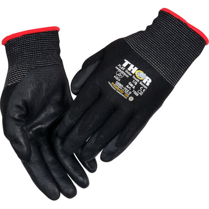 Ein Paar schwarze Thor Flex Winterhandschuhe mit strukturiertem Griff, rot eingefassten Stulpen und aufgedruckten Sicherheitszertifikaten auf der Rückseite von Abena Re-Seller GmbH.