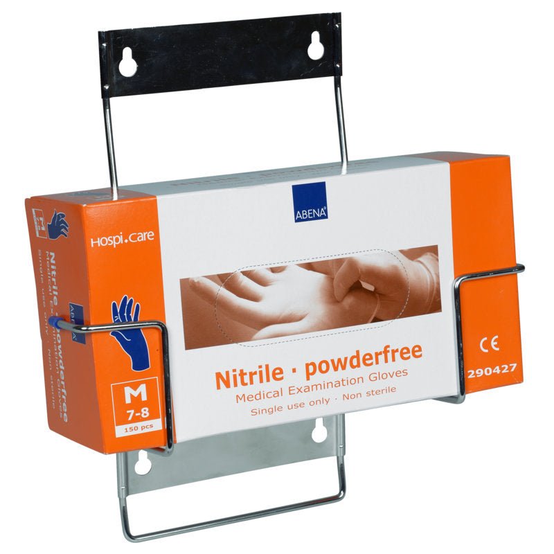 En låda med 150 orange-vita puderfria Abena nitrilundersökningshandskar (storlek M, 7-8) förvaras i en Flexi Rack väggmonterad hållare för handsksboxar från Abena Re-Seller GmbH.