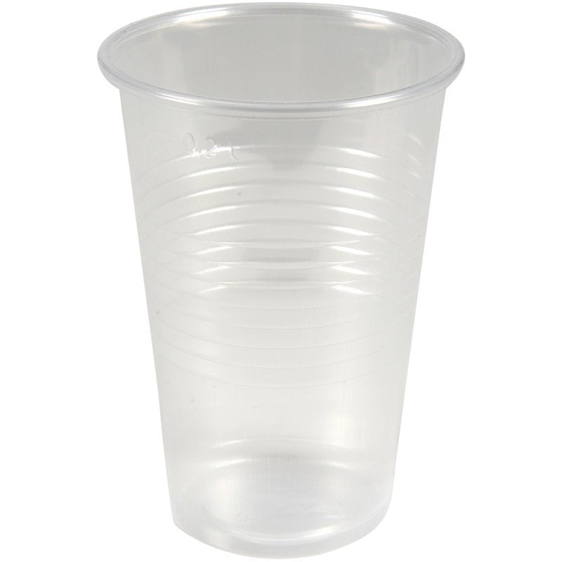 En transparent serveringsbägare, PP, 20 cl från Abena Re-Seller GmbH står upprätt mot en enkel vit bakgrund. Bägaren har en lätt utställd kant och horisontella räfflor runt kroppen. Levereras i förpackningar om 100 stycken.