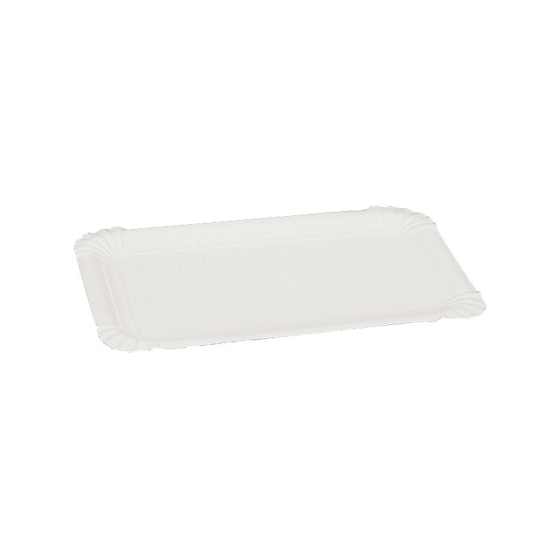 En rektangulär, miljövänlig Abena Re-Seller GmbH papptallrik Rektangulär (13x20 cm) i vitt med vågiga kanter, säljs i ett paket med 250 stycken och fotograferad på en enfärgad vit bakgrund.