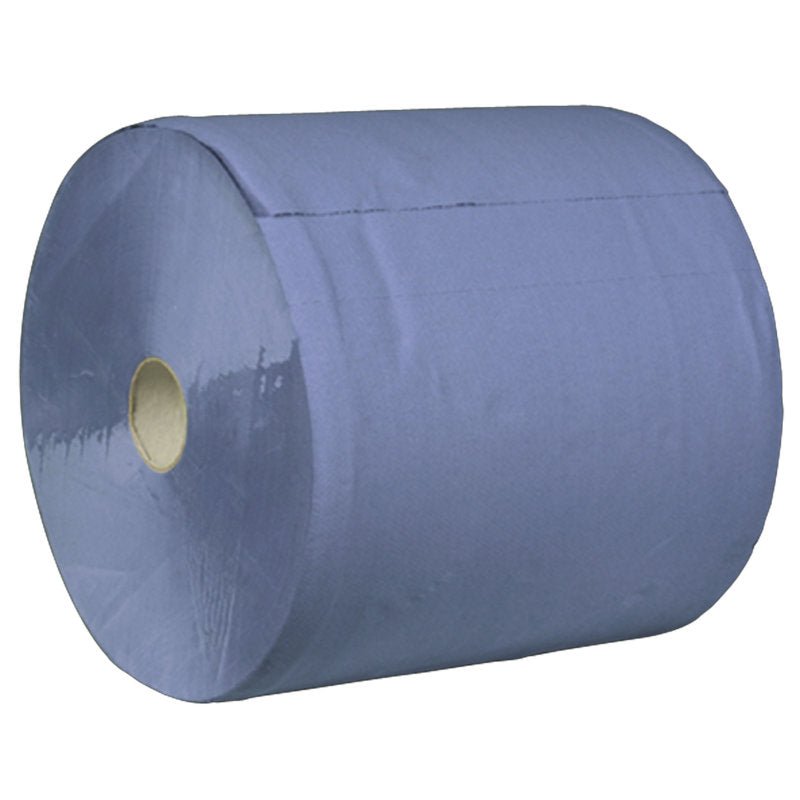 En stor blå Abena Re-Seller GmbH verkstadspapper, 3-lager (35,7 cm x 345 m), med en pappkärna, avbildas liggande på sidan mot en enfärgad vit bakgrund.