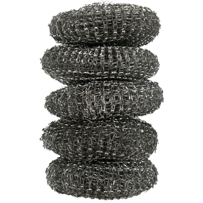 Ett paket med fem 16 g skurplattor från Abena Re-Seller GmbH, var och en i skivform och gjord av lindad metalltråd - perfekt för köksrengöring och skrubbning av grytor och pannor.