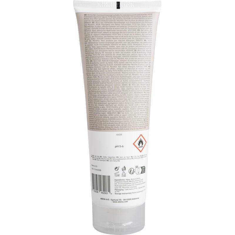 Baksida av en 250 ml tub Abena Re-Seller GmbH Aktiv Gel med liten text, brandfarlighets- och återvinningssymboler samt produktinformation på en vit-beige etikett.