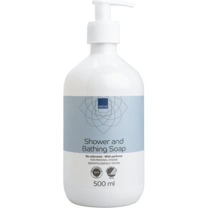 500 ml pumpflaska Abena Re-Seller GmbH hår- och kroppsschampo med parfym, med vit flaska och ljusblå etikett, dermatologiskt testad för kroppsvård; tillgänglig i 6-pack kartong.
