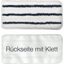 Abgebildet sind zwei rechteckige Arcora-Handpads (27x13 cm). Die Oberseite ist weiß mit drei blauen Streifen, die Unterseite trägt die Aufschrift "Rückseite mit Klett" in schwarz und zeigt ihre Klettrückseite. Marke: Arcora International GmbH.