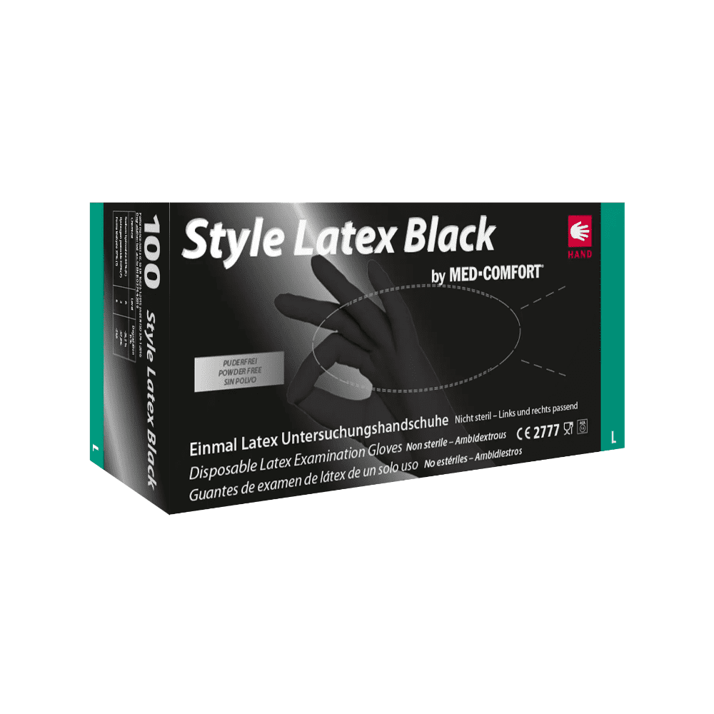 Låda med engångsundersökningshandskar av latex AMPri Style Latex Black från AMPri Handelsgesellschaft mbH. Förpackningen innehåller en text på tyska och engelska som anger att handskarna är osterila, kan bäras på båda händerna och är i storlek L. På lådan finns en bild av en hand med handske.