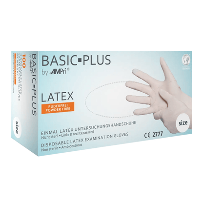 Avbildad är en låda AMPri BASIC-PLUS latexhandskar puderfria, vita | Låda (100 stycken) från AMPri Handelsgesellschaft mbH. Den vita lådan med blå accenter innehåller latexfri, osterila, ambidextra handskar. Texten är på engelska och tyska och det finns en bild av en hand som bär en handske. Perfekt för hygieniskt skydd i livsmedelsindustrin.