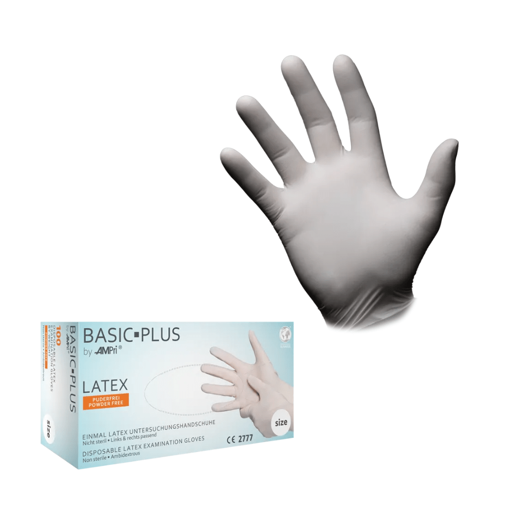 Till vänster är en låda AMPri BASIC-PLUS latexhandskar puderfria, vita (100 stycken) från AMPri Handelsgesellschaft mbH avbildad, till höger bärs en handske mot en vit bakgrund av en hand. Dessa handskar är perfekta för hygieniskt skydd och lämpliga för användning i livsmedelsindustrin.