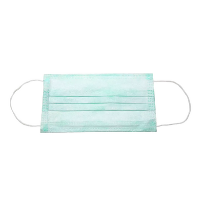 En ljusblå AMPri BASIC-PLUS OP Mask 3-lag. Typ II, tillverkad av AMPri Handelsgesellschaft mbH, med öronöglor ligger platt på en vit bakgrund. Denna trelagers mask har tre veck och är utformad som en engångsmask för att förhindra spridning av föroreningar.