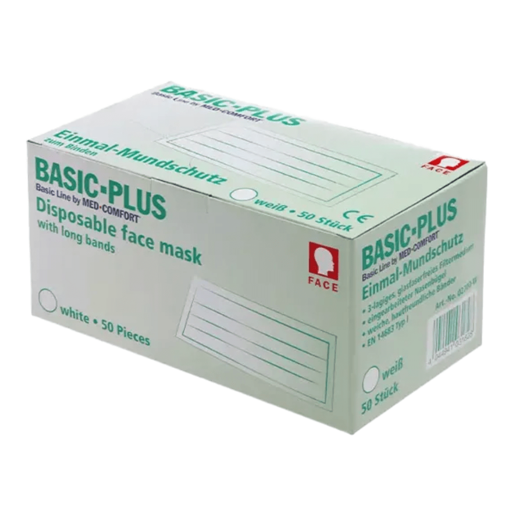 En vit kartong med texten „AMPri BASIC-PLUS OP-mask 3-lag. Typ II för knytning“ i grön skrift från AMPri Handelsgesellschaft mbH. Lådan innehåller 50 vita medicinska engångs-andningsskydd med långa band. Produktinformation visas både på engelska och tyska, inklusive texterna „Engångs-munskydd“ och „50 stycken“.