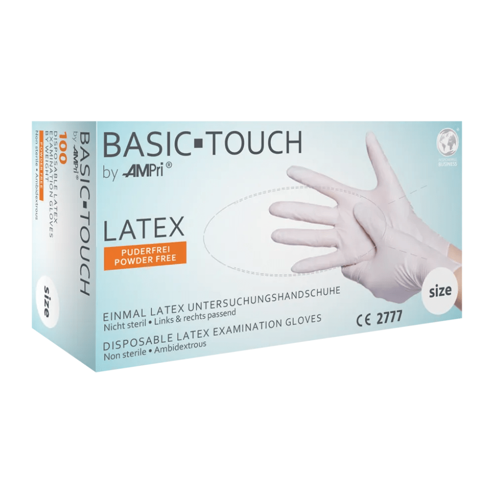En låda AMPri BASIC-TOUCH puderfria latexhandskar, vit. Lådan har texten 'Powder Free' och visar en bild av en hand med handske. Texten är skriven på tyska och engelska. Lådan innehåller 100 ambidextra, icke-sterila engångshandskar i vitt i ospecificerad storlek från märket AMPri Handelsgesellschaft mbH.