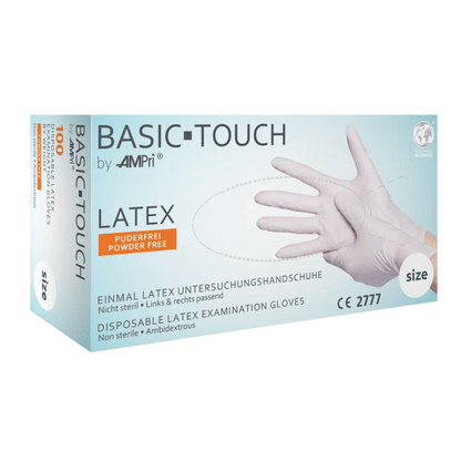 En låda AMPri BASIC-TOUCH puderfria latexhandskar, vit. Lådan har texten 'Powder Free' och visar en bild av en hand med handske. Texten är skriven på tyska och engelska. Lådan innehåller 100 ambidextra, icke-sterila engångshandskar i vitt i ospecificerad storlek från märket AMPri Handelsgesellschaft mbH.