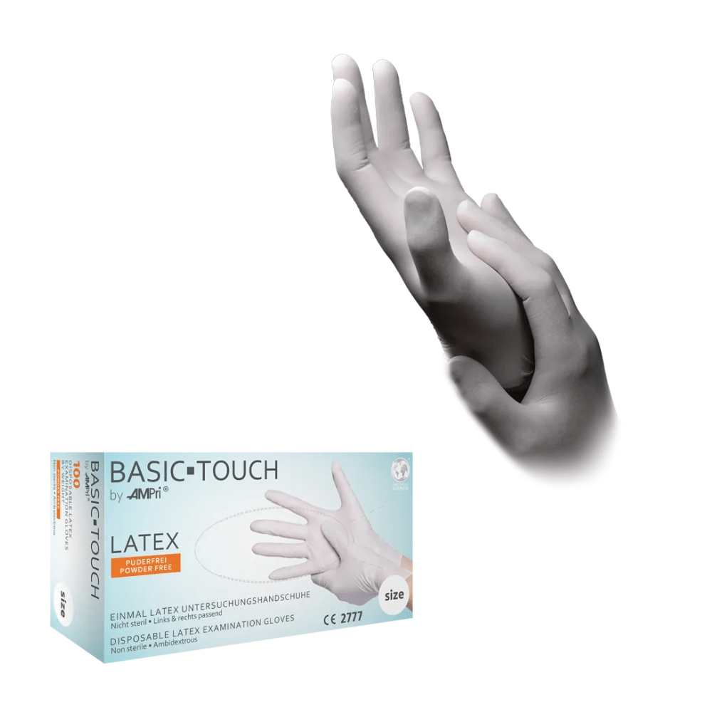 En låda AMPri BASIC-TOUCH puderfria latexhandskar, vit | Låda (100 stycken) med ett par händer med handskar som rör vid varandra ovanför. På lådan syns produktnamnet, handskens storlek och andra detaljer medan händerna från AMPri Handelsgesellschaft mbH puderfria latexhandskar visas i en graciös, sammanflätad pose.