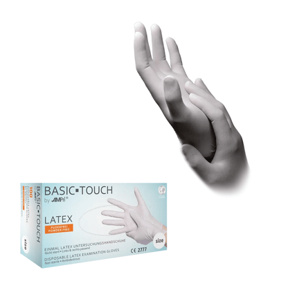 En låda AMPri BASIC-TOUCH puderfria latexhandskar, vit | Låda (100 stycken) med ett par händer med handskar som rör vid varandra ovanför. På lådan syns produktnamnet, handskens storlek och andra detaljer medan händerna från AMPri Handelsgesellschaft mbH puderfria latexhandskar visas i en graciös, sammanflätad pose.