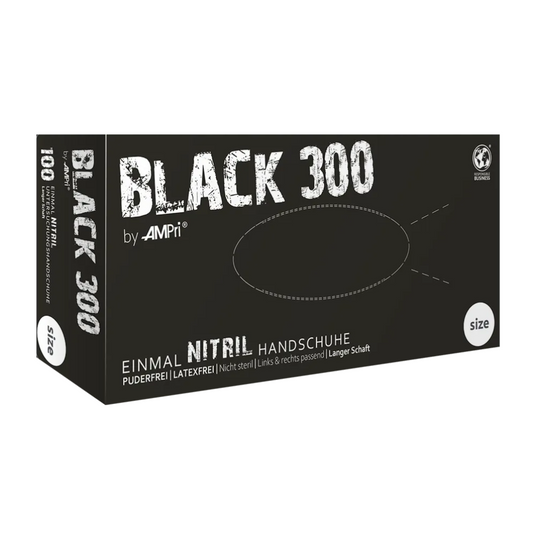 Ampri Black 300 nitrilhandskar med överflödig längd, svart | Box (100 stycken)