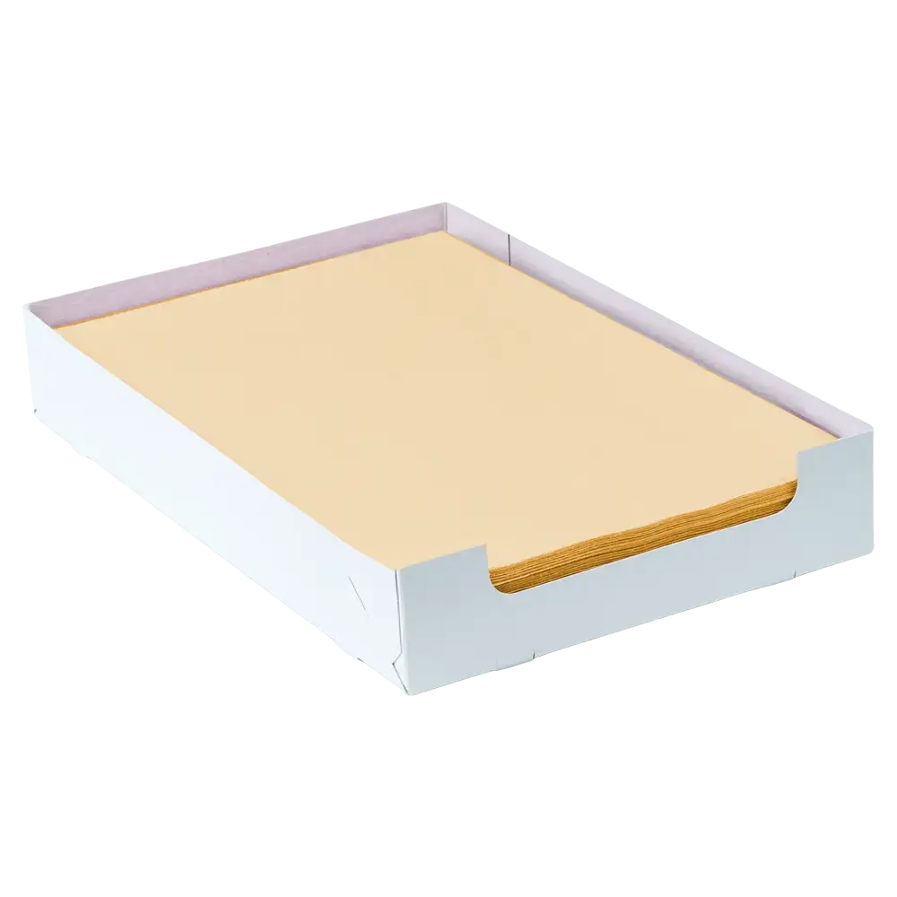 En stapel beige AMPri Dental Kreppauflage brickfilterpapper i formatet 18 x 28 cm ligger prydligt i en öppen vit kartong utan lock. Kartongen har designats av AMPri Handelsgesellschaft mbH för att hålla papperet säkert på plats.