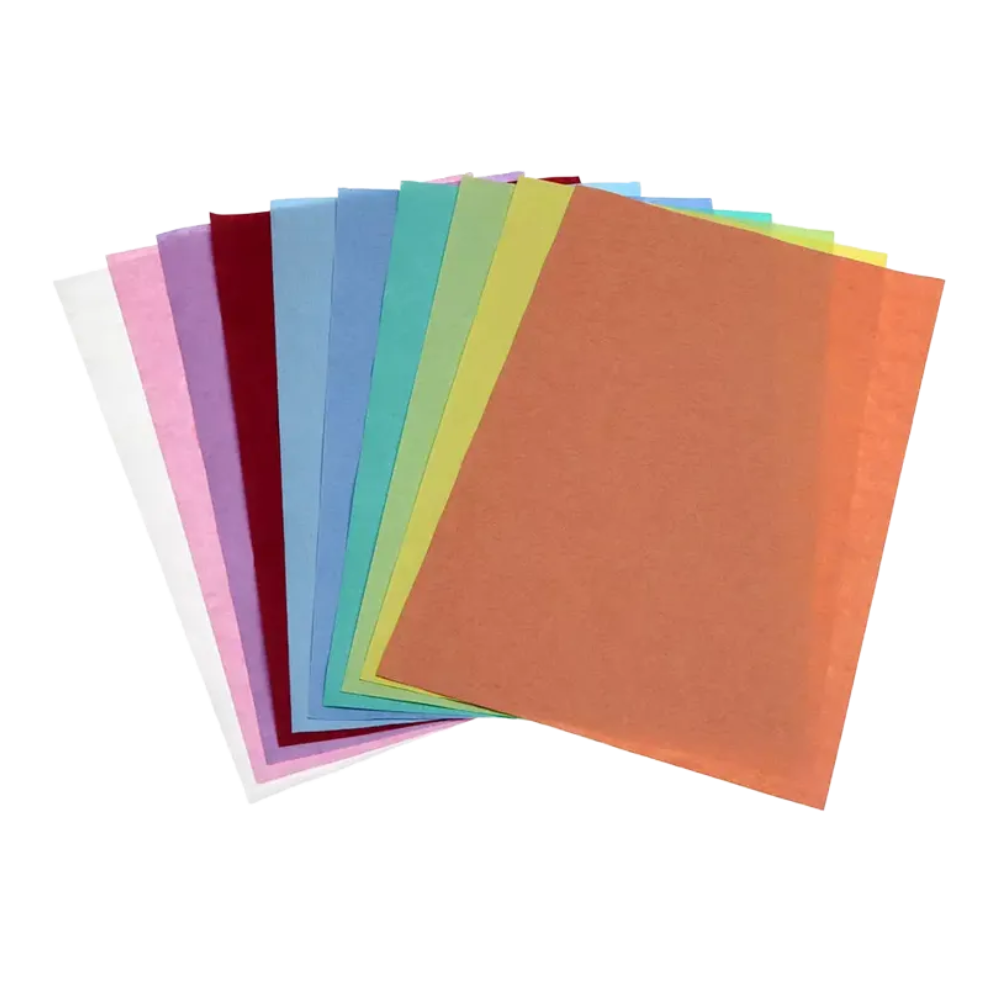 En solfjäderformad presentation av AMPri Dental Kreppauflage Tray-Filterpapper, tillgänglig i olika färger som vit, rosa, röd, blå, grön, gul och orange hos AMPri Handelsgesellschaft mbH, visar bladen arrangerade från vänster till höger i ökande höjd.