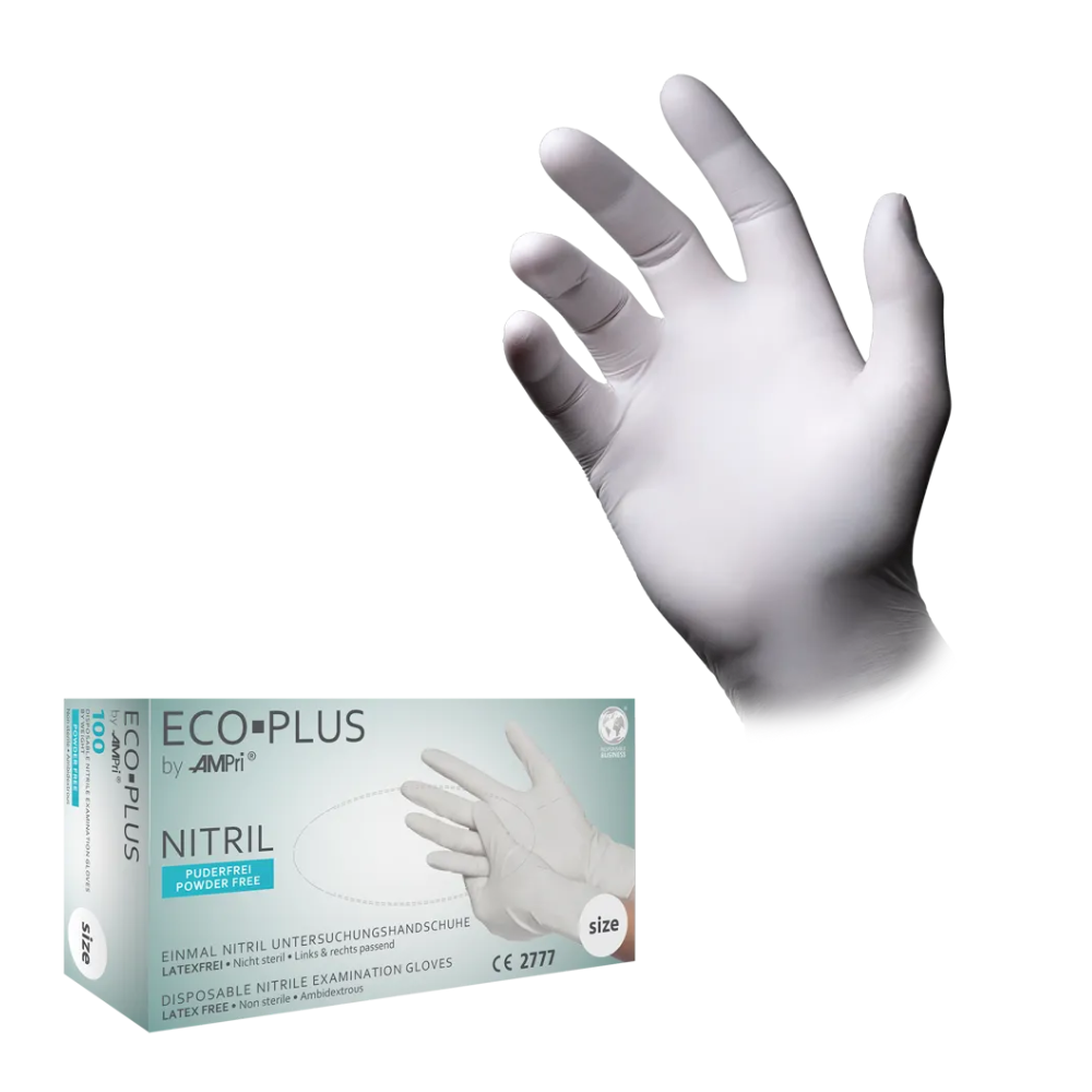 En bild av en vit AMPri ECO-PLUS nitrilhandske för engångsbruk på en hand. Under handsken finns en Eco-Plus-förpackning med en text som säger att handskarna är puderfria, latexfri och hygieniska för undersökning. Lådan innehåller varumärkesdetaljer från AMPri Handelsgesellschaft mbH, en CE-certifiering och storleksinformation.