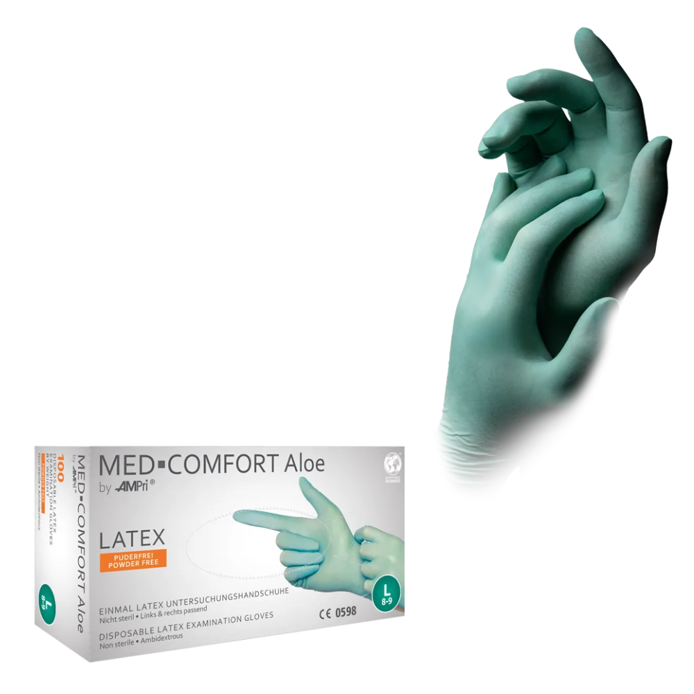Ett mintgrönt par medicinska undersökningshandskar som håller varandra. Under dem finns en vit låda med texten "AMPri MED-COMFORT Aloe Latexhandskar puderfria" och ytterligare produktdetaljer. Lådan från AMPri Handelsgesellschaft mbH visar bilden av en hand som bär handskarna.