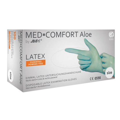 Bilden visar en låda AMPri MED-COMFORT Aloe Latexhandskar puderfria, mintgröna från AMPri Handelsgesellschaft mbH. Dessa engångsundersökningshandskar av latex är osterila, puderfria och lämpliga för båda händerna. Lådan visar en bild av behandskade händer och anger att de är lämpliga för engångsbruk. Lådan innehåller 100 handskar.