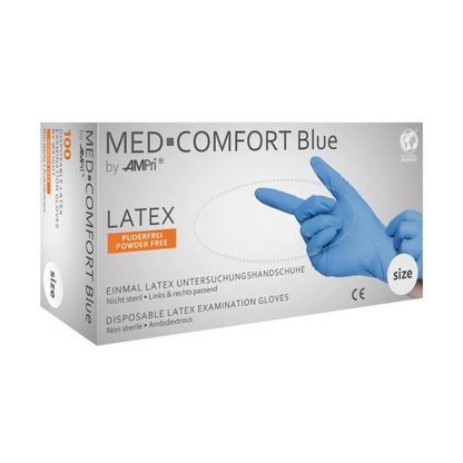 En låda AMPri MED-COMFORT BLUE latexhandskar puderfria, tillverkade av AMPri Handelsgesellschaft mbH. Lådan är märkt som engångs, osteril och kan bäras på båda händer. Bilden på lådan visar en hand som bär en blå latexhandske och pekar framåt. Idealisk för livsmedelsbearbetning, storlek och mängd (100 stycken) anges.