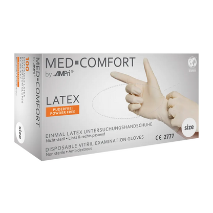 Låda AMPri MED-COMFORT latexhandskar puderfria, vita (100 stycken) från AMPri Handelsgesellschaft mbH. Dessa osterila och ambidextra handskar är perfekta för hygieniskt arbete. Den vita lådan med blågrå text visar en hand som bär en handske, och storleken är angiven på sidan.